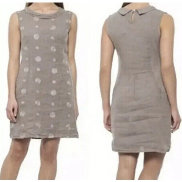 Lina Tomei Tan Gray Linen Embroidered Dress Shift Sz L Lagenlook Minimalistic - Picture 4 of 11